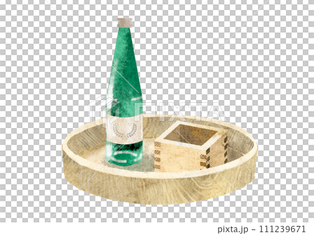 水彩風格托盤上的清酒瓶和清酒杯插圖 111239671