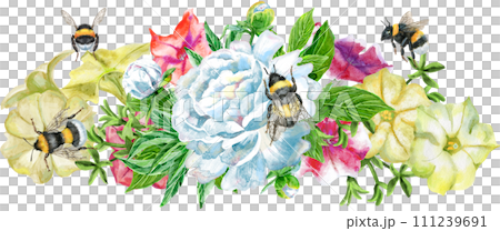 Elegant bouquet with petunia and peony flowers, design element. Floral composition can be used for wedding, baby shower, mothers day, valentines day cards, invitations. in watercolor style Elegant bouquet with petunia and peony flowers, design element. Floral composition can be used for wedding, baby shower, mothers day, valentines day cards, invitations. in watercolor style 111239691