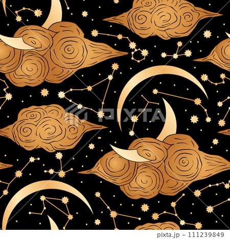 Moon Cloud Dark Starry Night Golden Magic Constellation Astronomy Astrology Seamless Pattern 111239849
