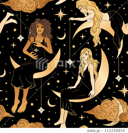 Beautiful Women With a Moon Magic and Star Constellation Celestial Golden Astrology Seamless Pattern Beautiful Women With a Moon Magic and Star Constellation Celestial Golden Astrology Seamless Pattern 111239854