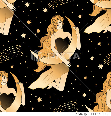 Beautiful Woman With a Moon Magic Celestial Golden Seamless Pattern 111239870