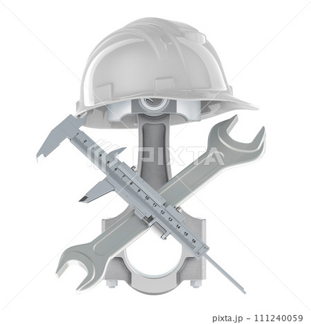 Auto service, concept. Engine piston, micrometer and wrench with micrometer, 3D rendering 111240059