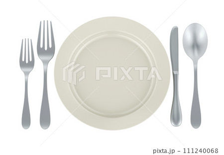 Table setting. Plate with forks spoon and knife, 3D rendering 111240068