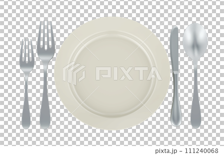 Table setting. Plate with forks spoon and knife, 3D rendering 111240068