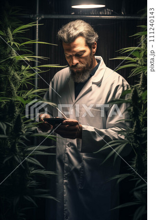 Caucasian man in a robe researching cannabis. Caucasian man in a robe researching cannabis. 111240143
