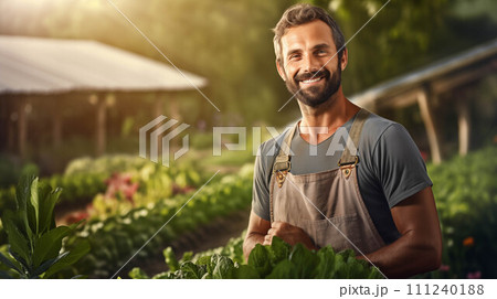 Caucasian man smiling with confidence gardening. 111240188