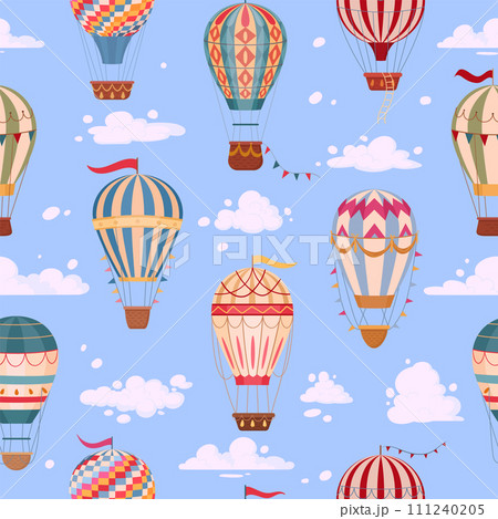 Hot air balloon pattern. Cartoon air balloons seamless background, retro aircrafts print flat vector illustration. Vintage air transport endless design 111240205