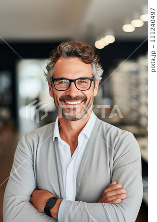 Caucasian man tries on glasses in an eyeglasses store. 111240497
