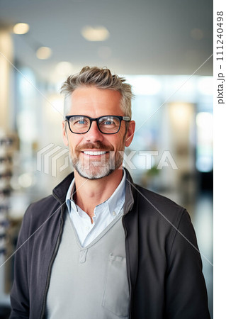 Caucasian man tries on glasses in an eyeglasses store. 111240498