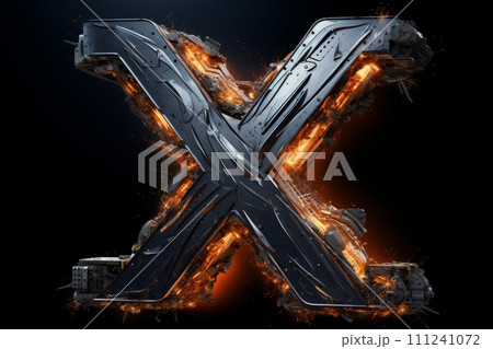 AI-generated content. Volumetric capital letter X made of metal. Effect of metal heated for forging, with flames, sparks and smoke. Workpiece for spectacular 3D text. Mockup. Isolated on black. 111241072