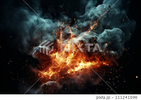 AI-generated content. Realistic 3D illustration of a powerful fiery explosion with flames, sparks, clouds of black smoke. Isolated on black background. 111241096