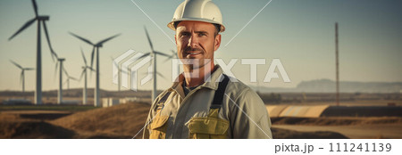 Young Caucasian engineer looking at camera with confidence, wind turbine background 111241139