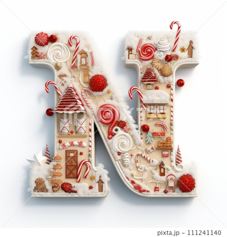 AI-generated content. Volumetric capital letter N, decorated in a festive Christmas and New Year style. Christmas tree decorations, balls, cones, candy canes. Mockup for Christmas banner or background 111241140