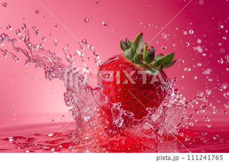 Fresh strawberry falling in water. Pink Background Fresh strawberry falling in water. Pink Background 111241765