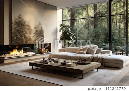 Serene living room, light walls and floors. Natural light through expansive windows 111241770