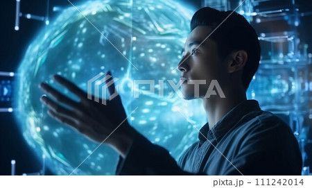 Asian man using hologram working in office. 111242014