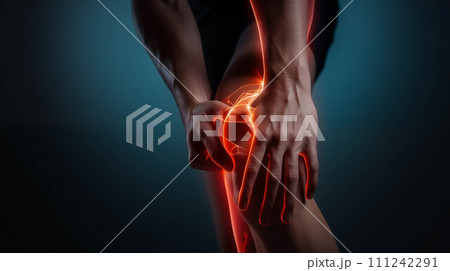 Closeup young man holding his knee, leg injury. 111242291