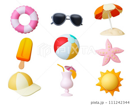 Travel beach 3d render icons. Summer realistic elements, isolated ice cream, cocktail and sun umbrella. Holidays on sea, star fish and ball, pithy vector set 111242344