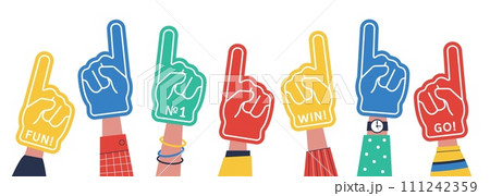 Fans fingers banner. Fan foam finger, competition support team. Sport, soccer or football symbols. Gloves on human hands, decent vector background 111242359