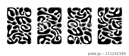 Liquid abstract organic blob shapes background set. Wavy elements bubbles and drops in trendy y2k style in black and white colors. Vector isolated illustrations. Poster card template design. 111242389