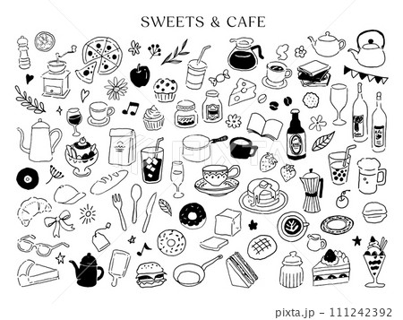 カフェとスイーツの線画イラスト カフェとスイーツの線画イラスト 111242392