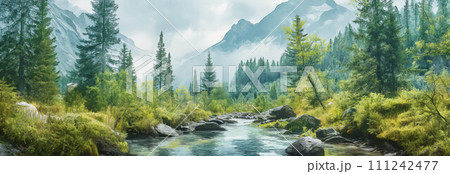 Watercolor paintings of nature, forests, mountains, waterways. Watercolor paintings of nature, forests, mountains, waterways. 111242477