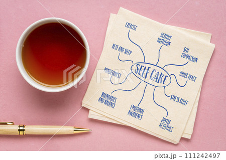 self care - mind map sketch on a napkin, healthy lifestyle and personal development concept 111242497