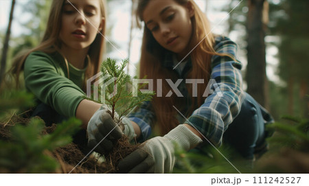 Caucasian mother and daughter planting trees in the forest. 111242527