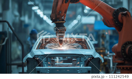 A mechanical arm welds a car frame in a factory. A mechanical arm welds a car frame in a factory. 111242549