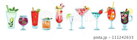 Cocktail drinks. Different alcoholic beverages. Popular bar menu. Various glasses. Exotic ingredients. Ice cubes and straw. Fresh tropical juice. Daiquiri and margarita. Garish vector set Cocktail drinks. Different alcoholic beverages. Popular bar menu. Various glasses. Exotic ingredients. Ice cubes and straw. Fresh tropical juice. Daiquiri and margarita. Garish vector set 111242633