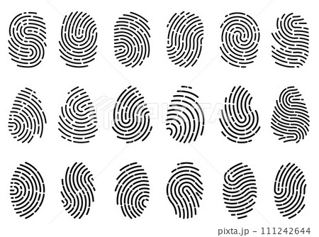 Finger prints. Different scanning fingerprints. Human ID pictograms. Security authentication. Thumbprints scanner. Criminal evidence. Identification sign. Biometric data icons vector set 111242644