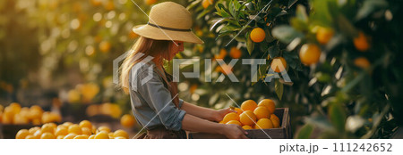 Caucasian farmer woman picks oranges on the orange tree in the garden. Caucasian farmer woman picks oranges on the orange tree in the garden. 111242652