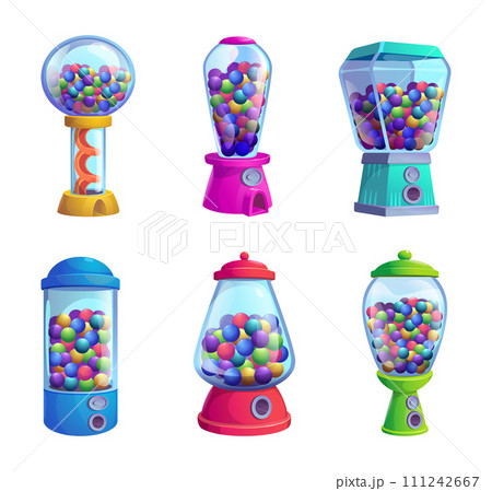 Candy machine. Vending sweets and colored gum for kids exact vector illustrations Candy machine. Vending sweets and colored gum for kids exact vector illustrations 111242667