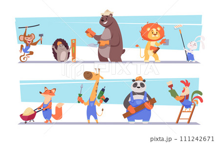 Animal builder. Cartoon mascots animal constructor workers in helmets exact vector illustration set Animal builder. Cartoon mascots animal constructor workers in helmets exact vector illustration set 111242671