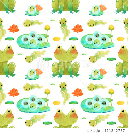Cute funny green frog, toad watercolor illustration with eggs and tadpole seamless pattern Cute funny green frog, toad watercolor illustration with eggs and tadpole seamless pattern 111242787