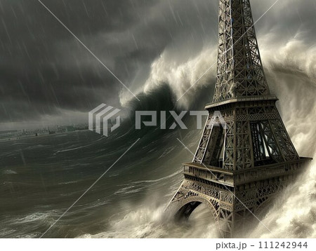 AI-generated content. Eiffel tower against the giant wave of Climate change 111242944