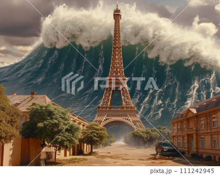 AI-generated content. Eiffel tower against the giant wave of Climate change 111242945
