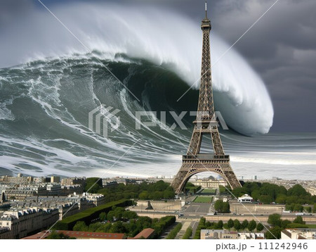 AI-generated content. Eiffel tower against the giant wave of Climate change 111242946