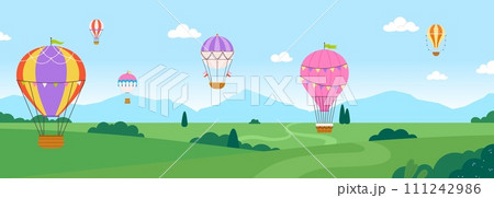 Flights on hot air balloons. Cartoon nature landscape with valley and base stop for travel on hot air balloons. Outdoor adventures, vector scene 111242986