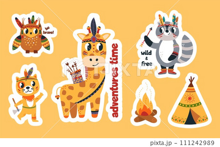 Boho style animals stickers set. Children decorative cartoon mascots, wild animal with arrows. Funny owl, raccoon and giraffe, vector clipart Boho style animals stickers set. Children decorative cartoon mascots, wild animal with arrows. Funny owl, raccoon and giraffe, vector clipart 111242989