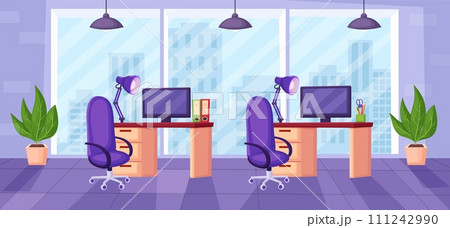 Cartoon office interior. Workplace with computer and stationery. Corporate work open space, co-working room. Business area nowaday vector scene Cartoon office interior. Workplace with computer and stationery. Corporate work open space, co-working room. Business area nowaday vector scene 111242990