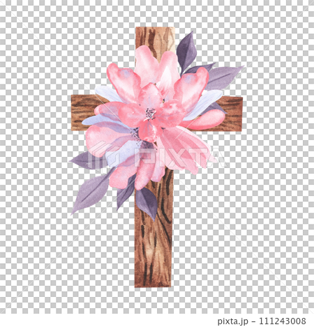 Watercolor cross with abstract pink flowers. Easter catholic religious symbol. Orthodox cross for church and holidays. Latin symbol of the saint and spring floral arrangement Watercolor cross with abstract pink flowers. Easter catholic religious symbol. Orthodox cross for church and holidays. Latin symbol of the saint and spring floral arrangement 111243008