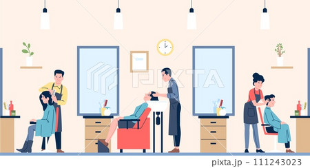 Hairdressing salon. Barbers and hairdressers working with people. Men women caring hair, doing haircuts, washing head. Flat recent vector scene 111243023