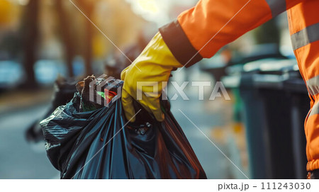 Close-up of the hand of a garbage collector in the city. 111243030