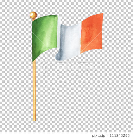 Irish flag painted with watercolors on white background. Hand drawn illustration. 111243296
