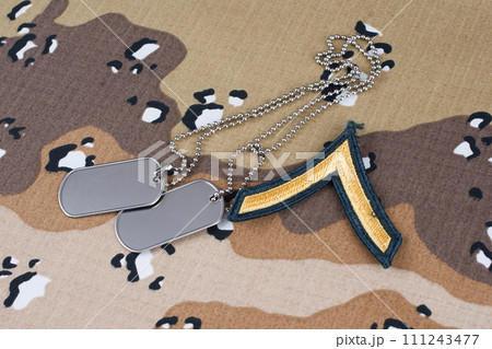 US ARMY Private rank patch and dog tags on desert camouflage uniform 111243477