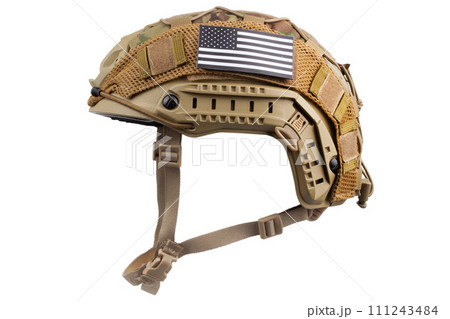Camouflaged military helmet with US flag patch 111243484