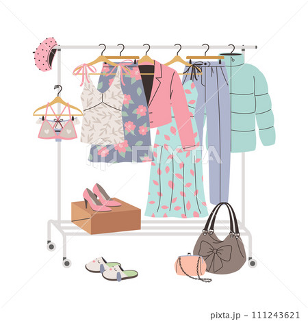 Clothes hanger with a set of fashion women clothing and accessories in a romantic style Clothes hanger with a set of fashion women clothing and accessories in a romantic style 111243621