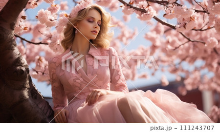 Fashion Model Amongst Cherry Blossoms 111243707