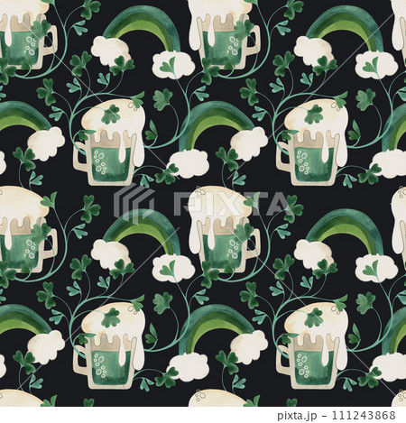 Seamless pattern with symbols of Ireland. Wrapping paper for St. Patrick's Day. Watercolor in vintage style on a black background. 111243868